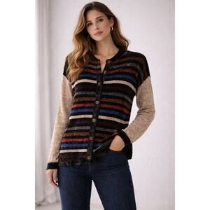 Vintage Ani Barrie Velvet Stripe Button Front Top M Made USA Rayon